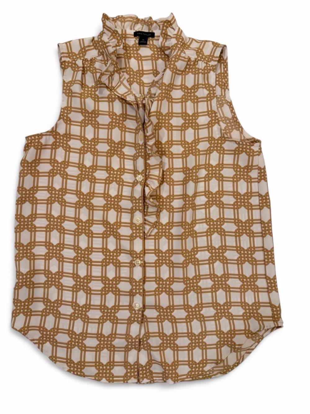 Ann Taylor Chain Link Print Ruffle Collar Blouse Ivory Camel XS